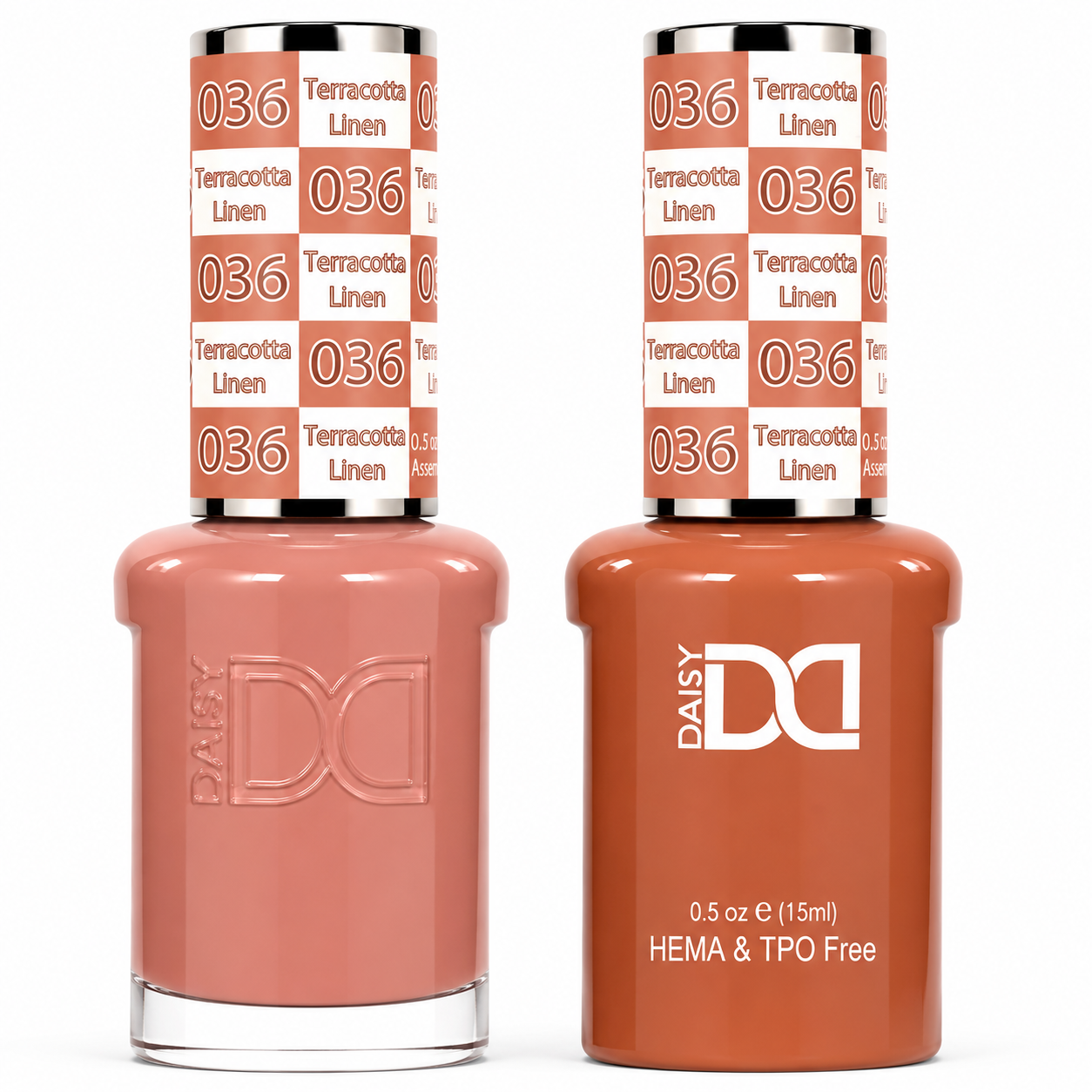 DND 036 Terracotta Linen HEMA & TPO Free Gel Polish Duo warm terracotta nude nail color with matching lacquer bottle.