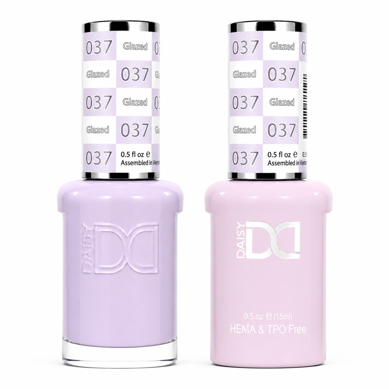 DND 037 Glazed HEMA & TPO Free Gel Polish Duo soft pastel lavender nail color with matching lacquer bottle.