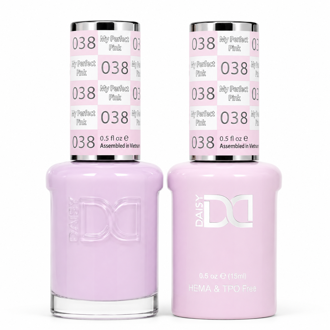 DND 038 My Perfect Pink HEMA & TPO Free Gel Polish Duo soft pastel pink nail color with matching lacquer bottle.