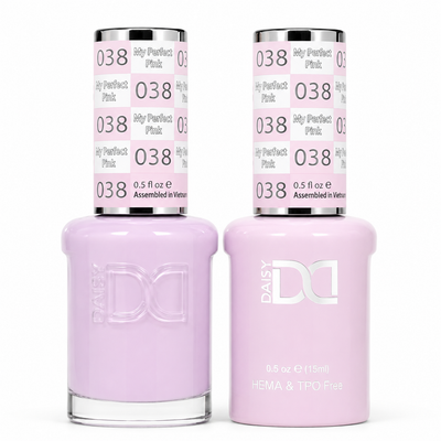 DND 038 My Perfect Pink HEMA & TPO Free Gel Polish Duo soft pastel pink nail color with matching lacquer bottle.