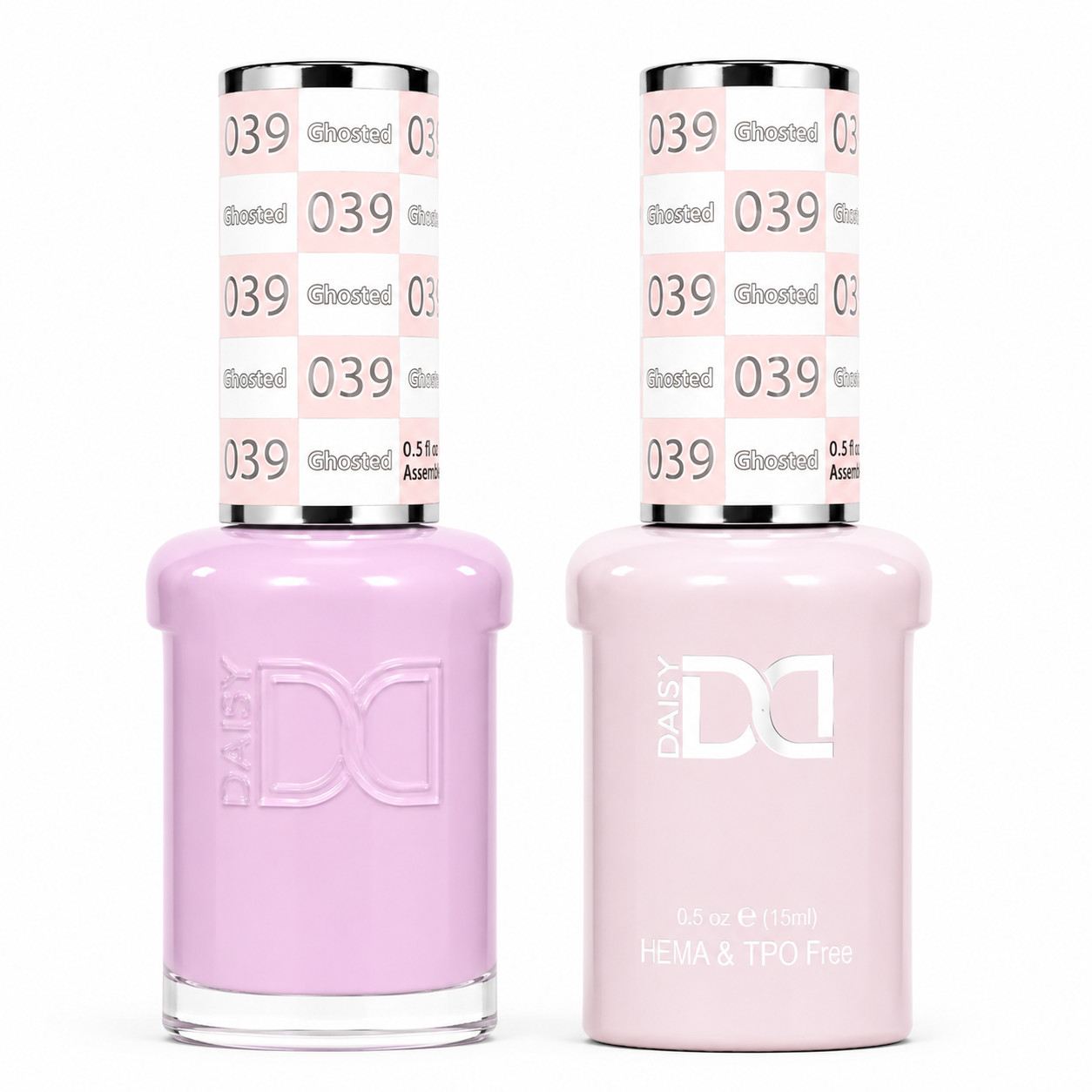 DND 039 Ghosted HEMA & TPO Free Gel Polish Duo soft pastel lavender pink nail color with matching lacquer bottle.