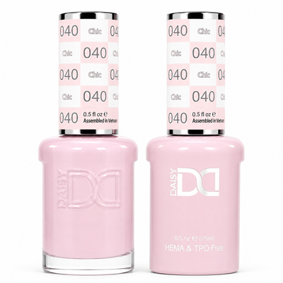 DND 040 Chic HEMA & TPO Free Gel Polish Duo soft nude pink nail color with matching lacquer bottle.