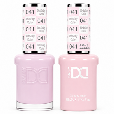 DND 041 Birthday Cake HEMA & TPO Free Gel Polish Duo soft pastel pink nail color with matching lacquer bottle.