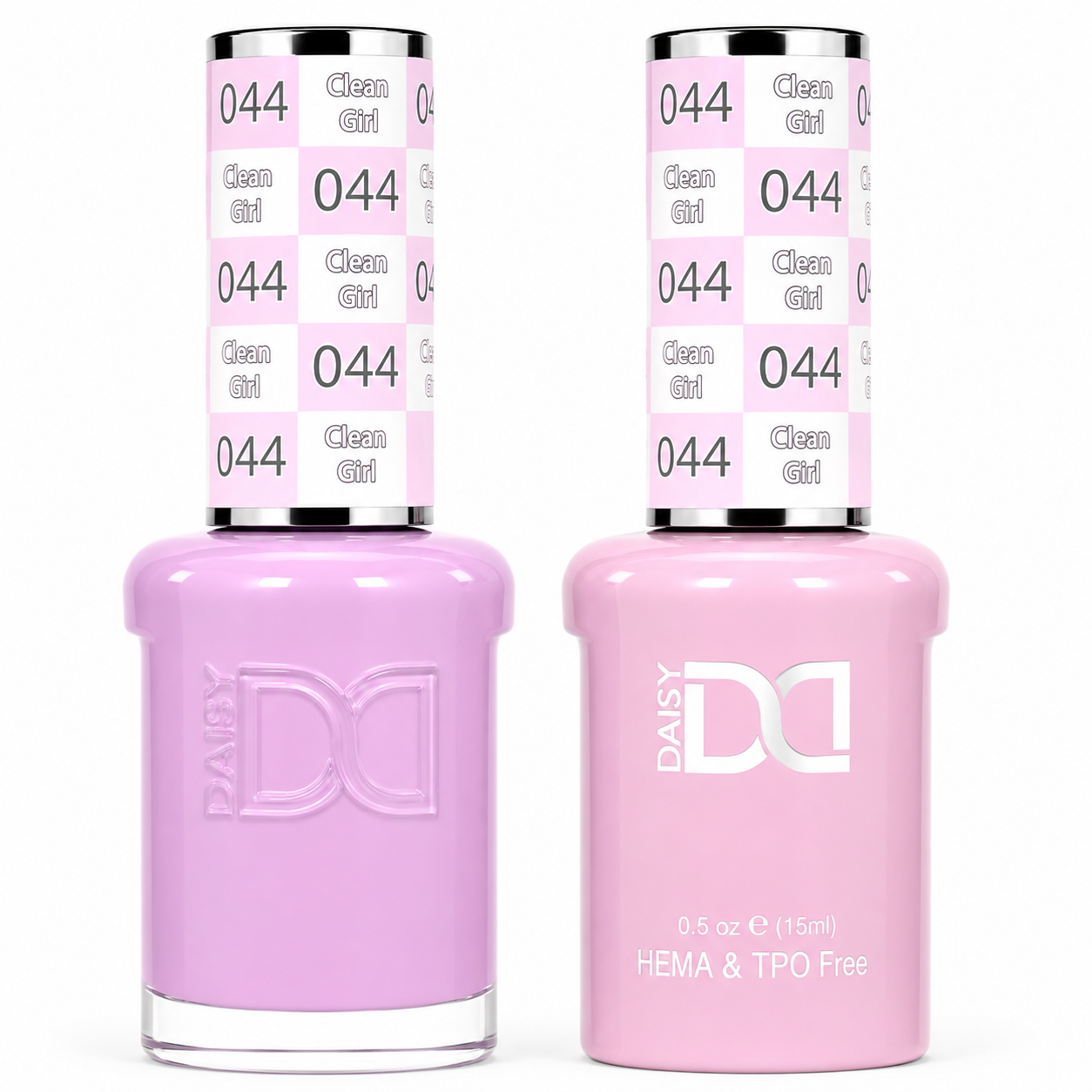 DND 044 Clean Girl HEMA & TPO Free Gel Polish Duo soft pastel pink-lilac nail color with matching lacquer bottle.