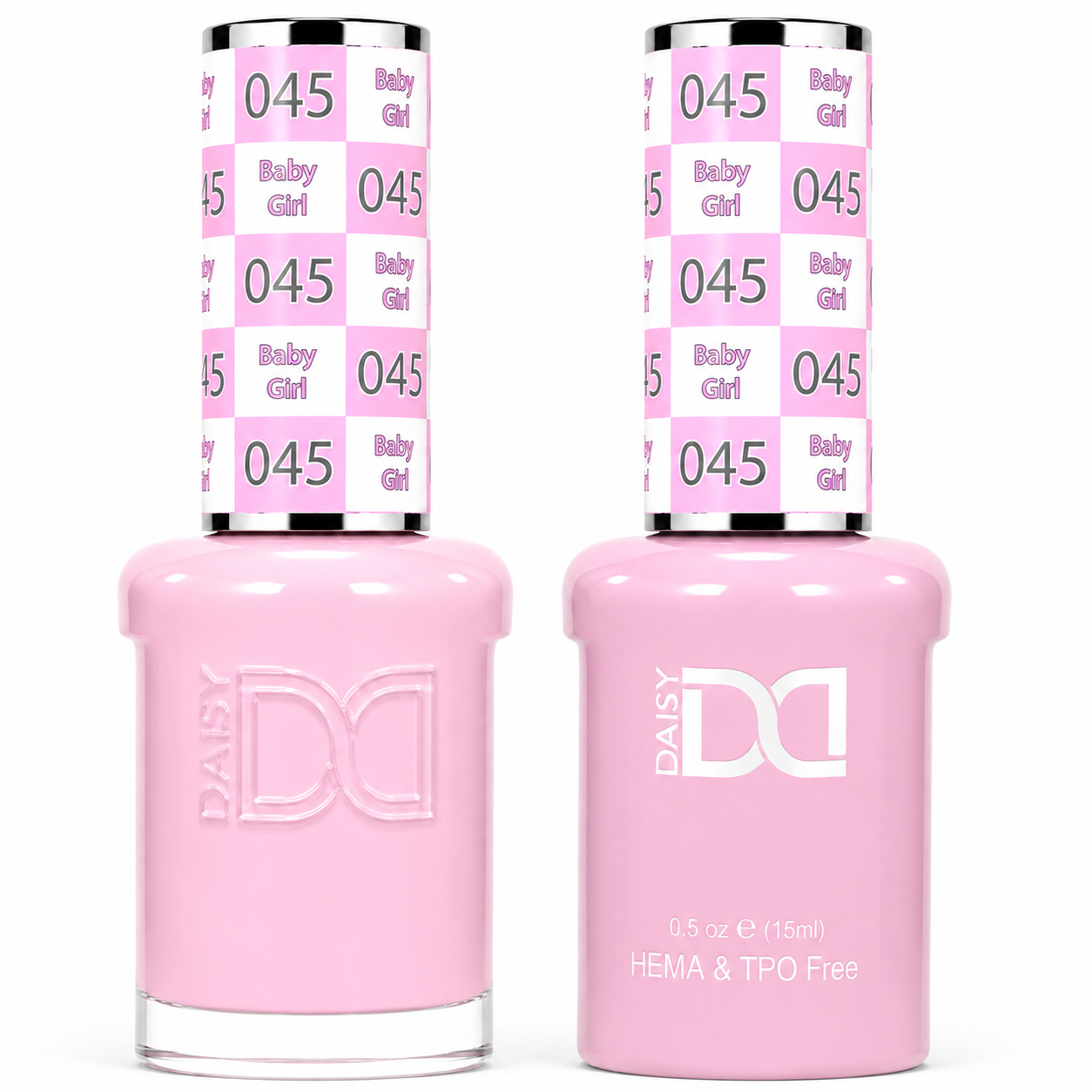 DND 045 Baby Girl HEMA & TPO Free Gel Polish Duo bubblegum pink nail color with matching lacquer bottle.