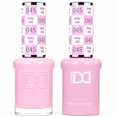 DND 045 Baby Girl HEMA & TPO Free Gel Polish Duo bubblegum pink nail color with matching lacquer bottle.