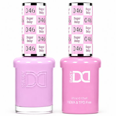 DND 046 Sugar Baby HEMA & TPO Free Gel Polish Duo soft lavender pink nail color with matching lacquer bottle.