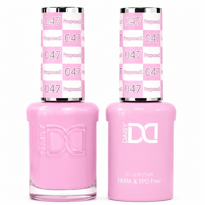 DND 047 Proposed! HEMA & TPO Free Gel Polish Duo rosy pink nail color with matching lacquer bottle.