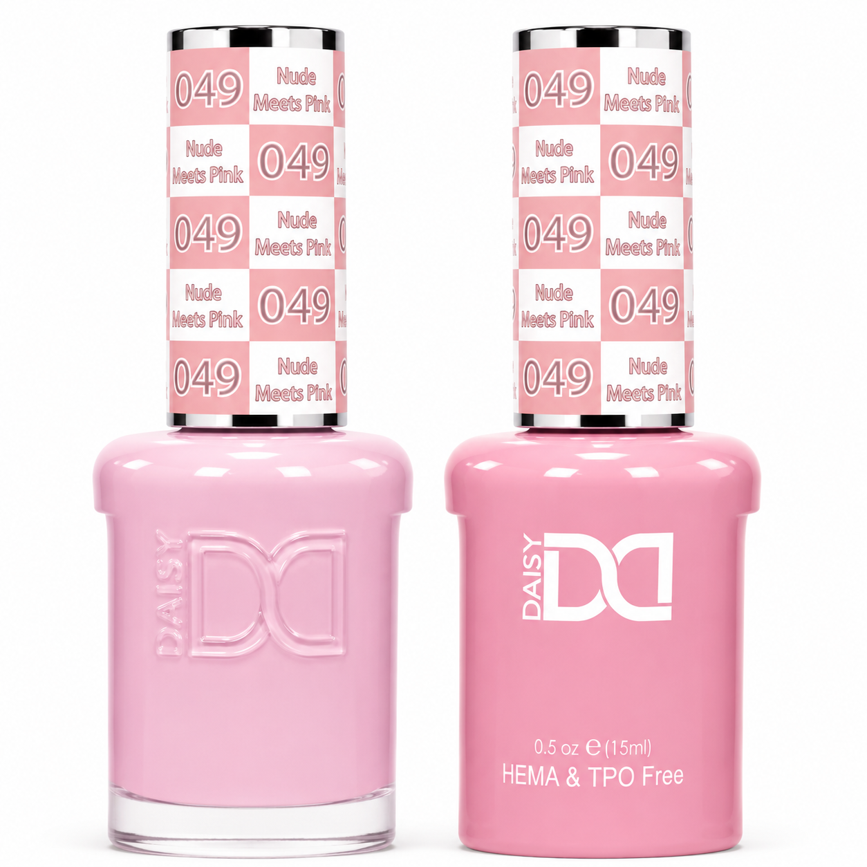 DND 049 Nude Meets Pink HEMA & TPO Free Gel Polish Duo soft blush pink nude nail color with matching lacquer bottle.