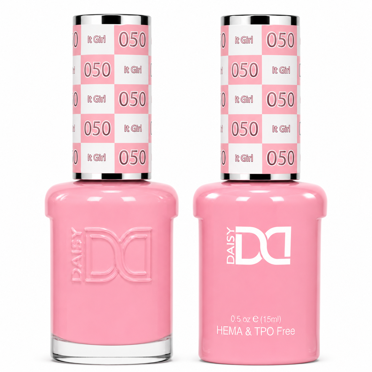 DND 050 It Girl HEMA & TPO Free Gel Polish Duo bubblegum pink nail color with matching lacquer bottle.