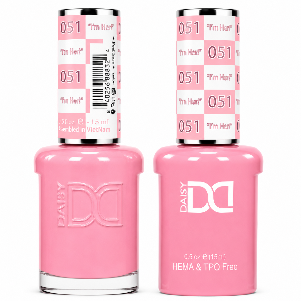 DND 051 I'm Her! HEMA & TPO Free Gel Polish Duo vibrant cotton-candy pink nail color with matching lacquer bottle.