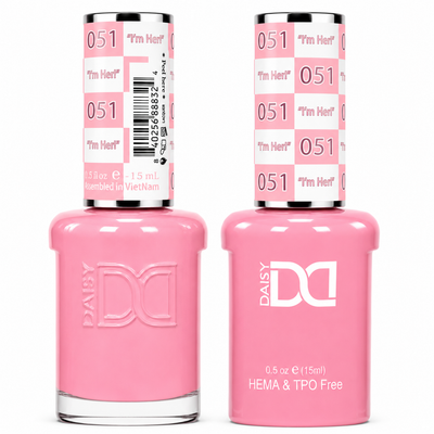DND 051 I'm Her! HEMA & TPO Free Gel Polish Duo vibrant cotton-candy pink nail color with matching lacquer bottle.