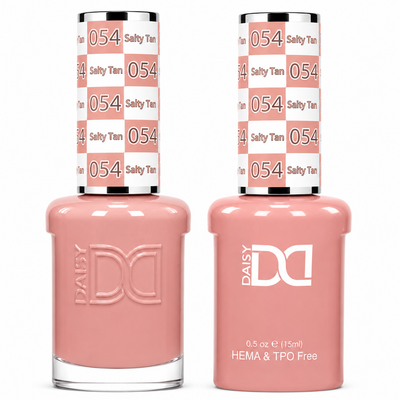 DND 054 Salty Tan HEMA & TPO Free Gel Polish Duo warm dusty tan nude nail color with matching lacquer bottle.