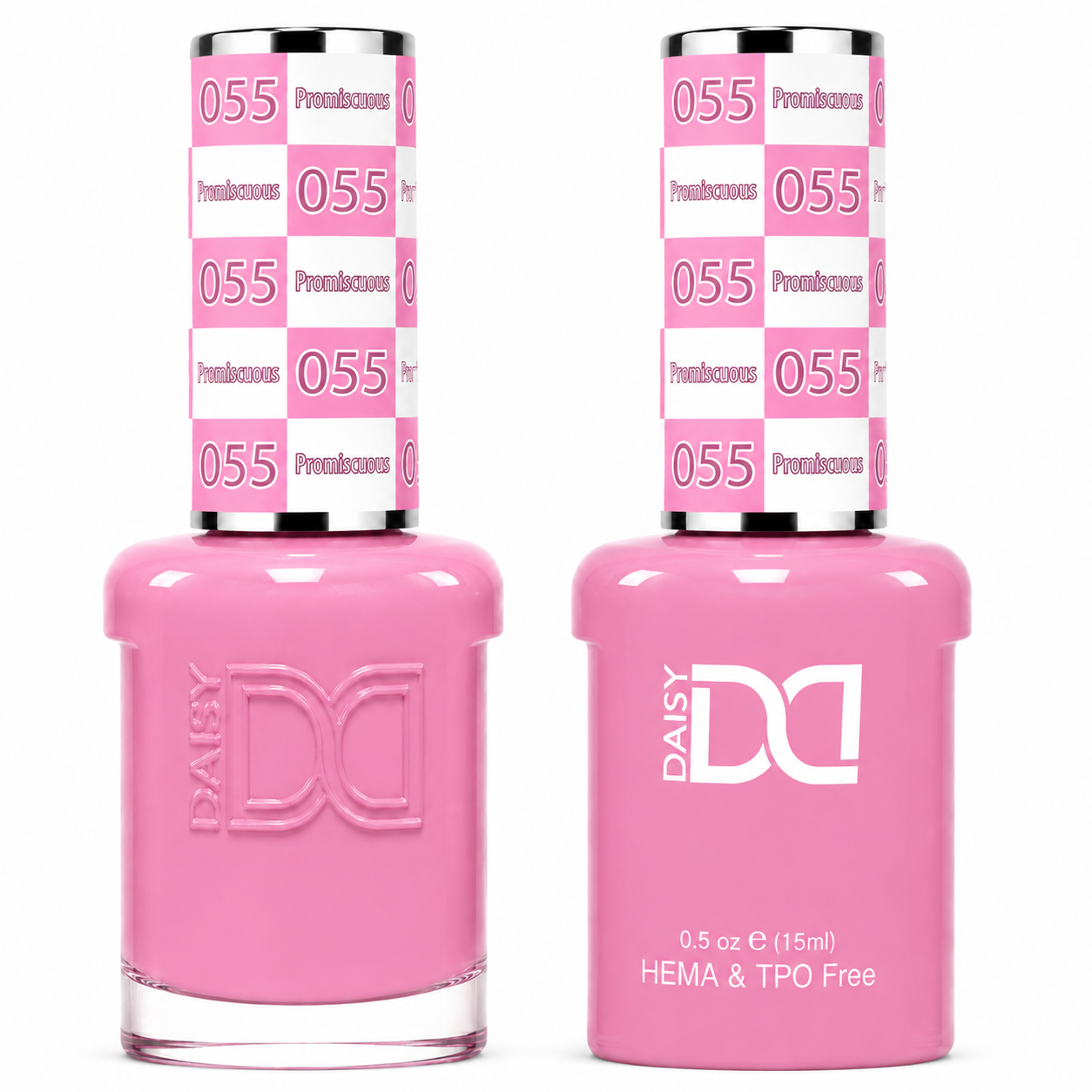 DND 055 Promiscuous HEMA & TPO Free Gel Polish Duo vibrant hot pink nail color with matching lacquer bottle.
