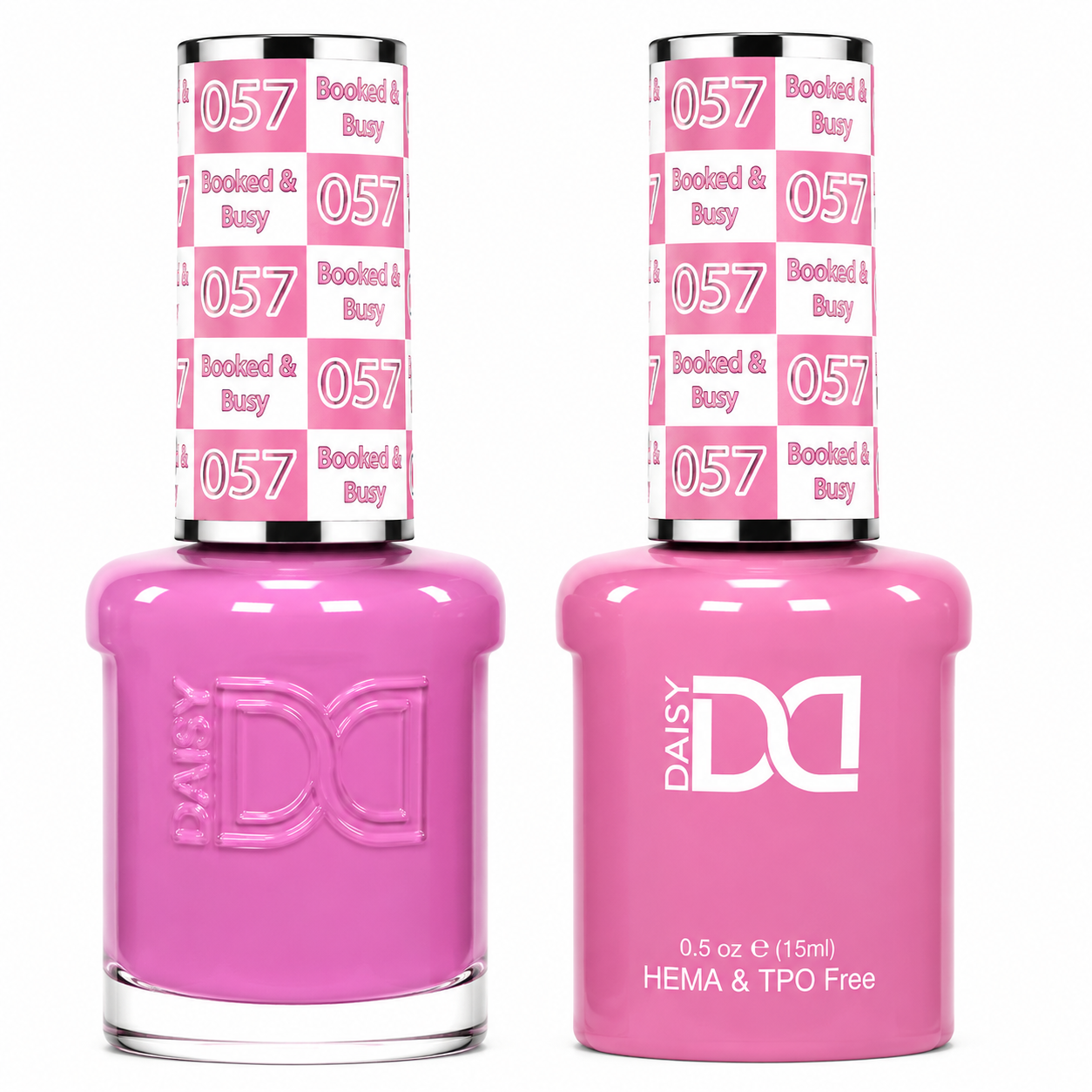 DND 057 Booked & Busy HEMA & TPO Free Gel Polish Duo soft muted rosy pink nail color with matching lacquer bottle.