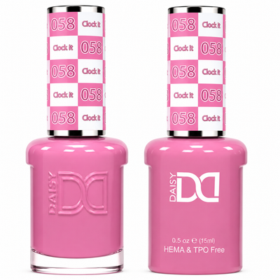 DND 058 Clock It HEMA & TPO Free Gel Polish Duo soft rosy pink nail color with matching lacquer bottle.