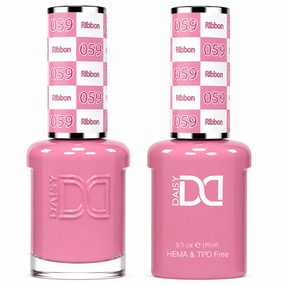 DND 059 Ribbon HEMA & TPO Free Gel Polish Duo soft baby pink nail color with matching lacquer bottle.