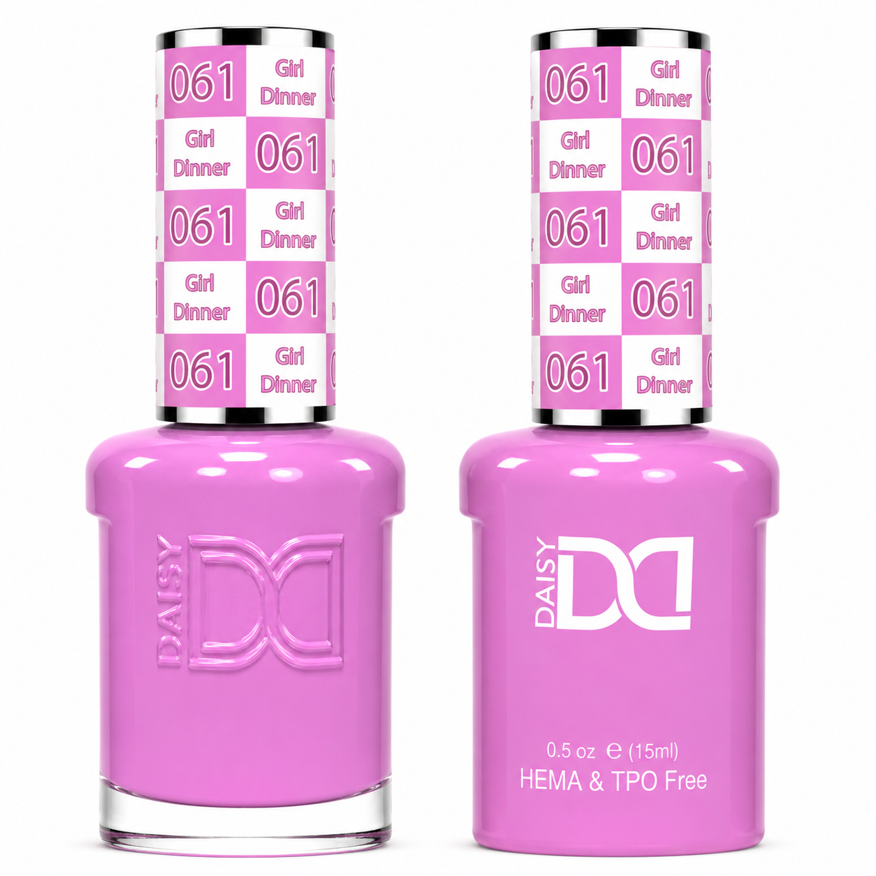 DND 061 Girl Dinner HEMA & TPO Free Gel Polish Duo soft lavender pink nail polish with matching lacquer bottle on white background.