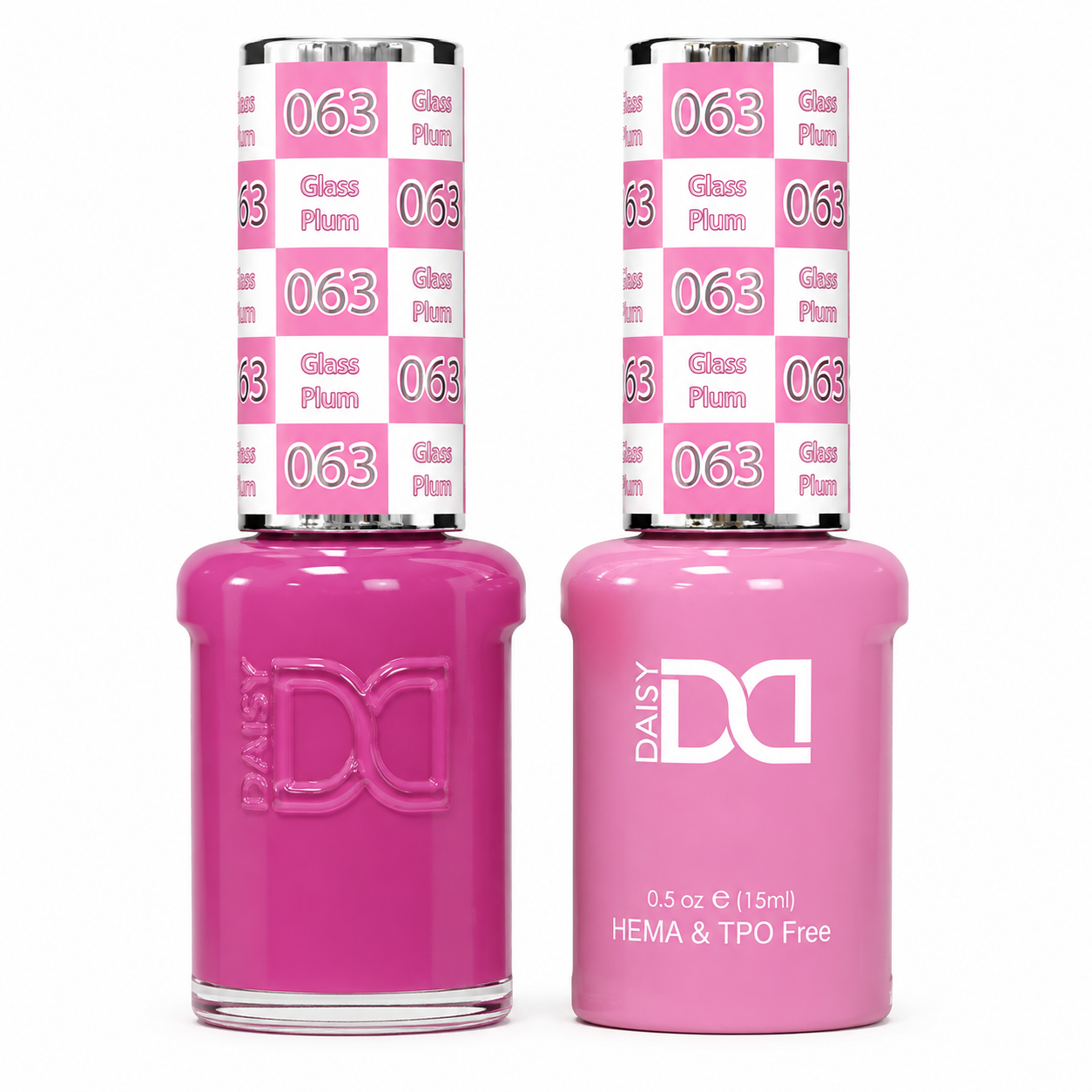 DND 063 Glass Plum HEMA & TPO Free Gel Polish Duo in a soft plum pink shade with matching gel polish and lacquer bottles.