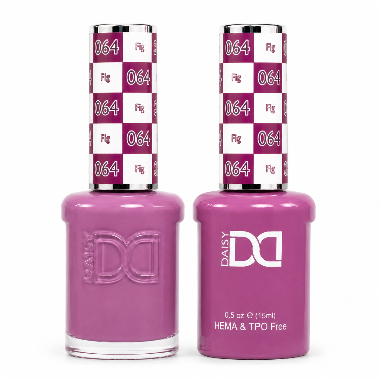DND 064 Fig HEMA & TPO Free Gel Polish Duo in a muted mauve purpleshade with matching gel polish and lacquer bottles.
