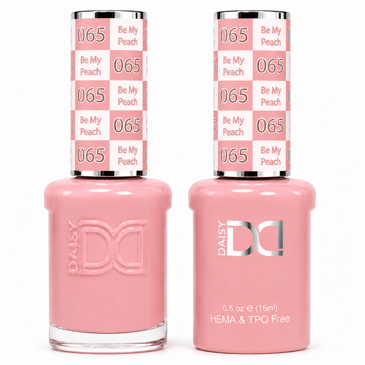 DND 065 Be My Peach HEMA & TPO Free gel polish duo in a soft pinky nude shade with matching nail lacquer bottle.