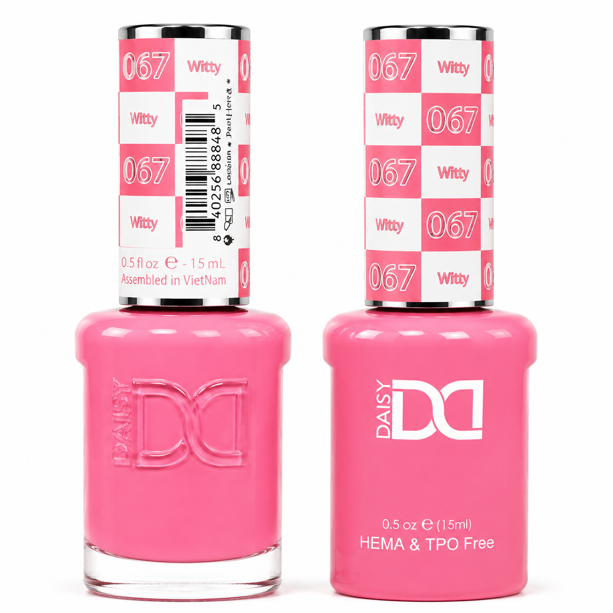 DND 067 Witty HEMA & TPO Free gel polish duo in a vibrant medium pink shade with matching lacquer bottle.