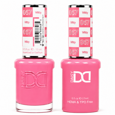 DND 067 Witty HEMA & TPO Free gel polish duo in a vibrant medium pink shade with matching lacquer bottle.