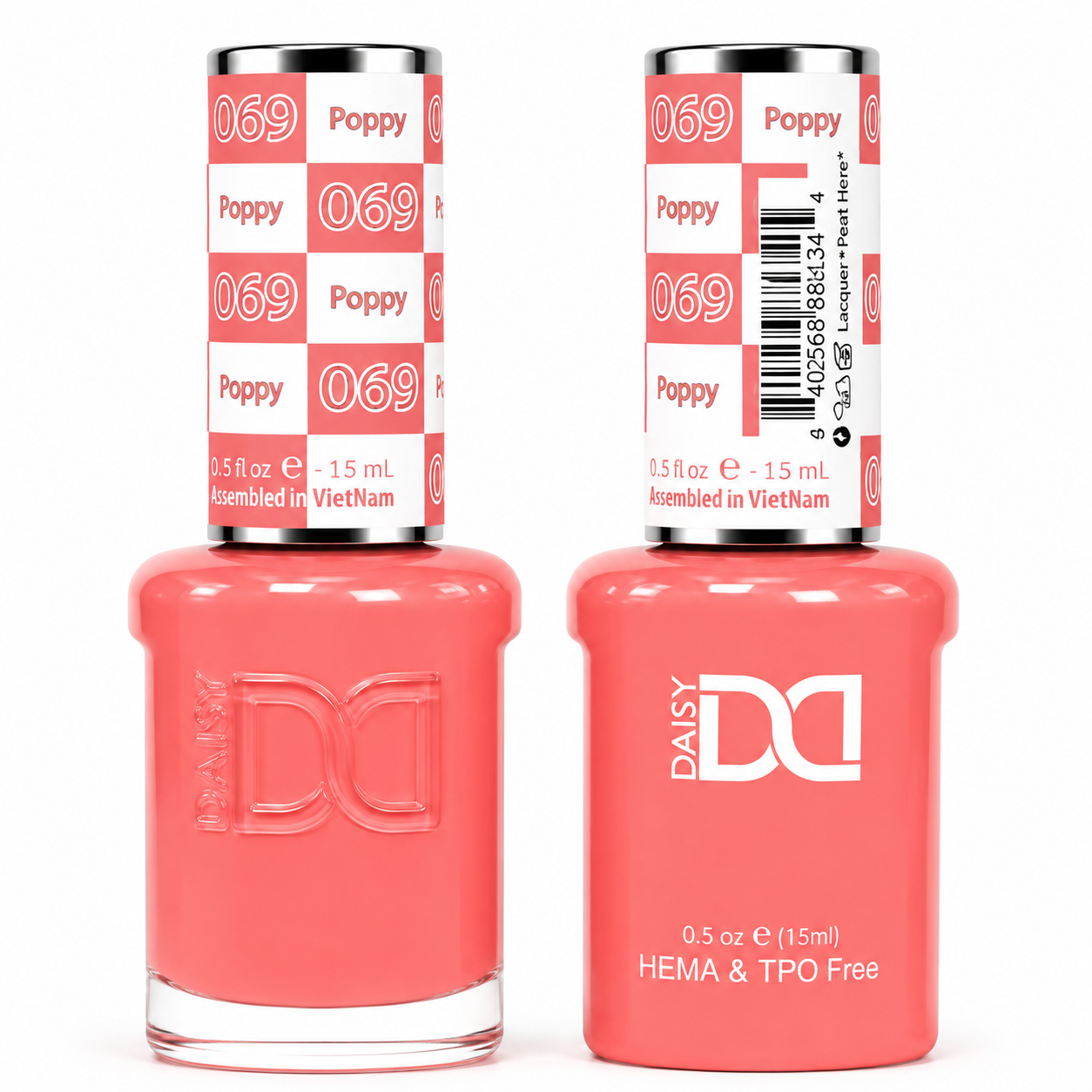 DND 069 Poppy HEMA & TPO Free Gel Polish Duo featuring a vibrant light coral pink shade with matching gel polish and lacquer bottles.