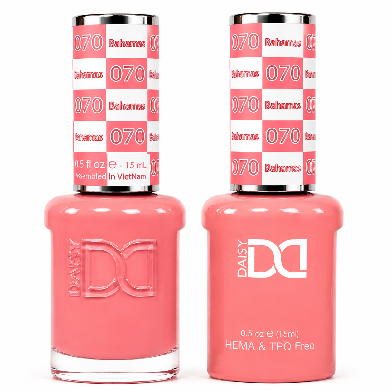 DND 070 Bahamas HEMA & TPO Free Gel Polish Duo featuring a creamy coral pink shade with rosy undertones and matching gel polish and lacquer bottles.