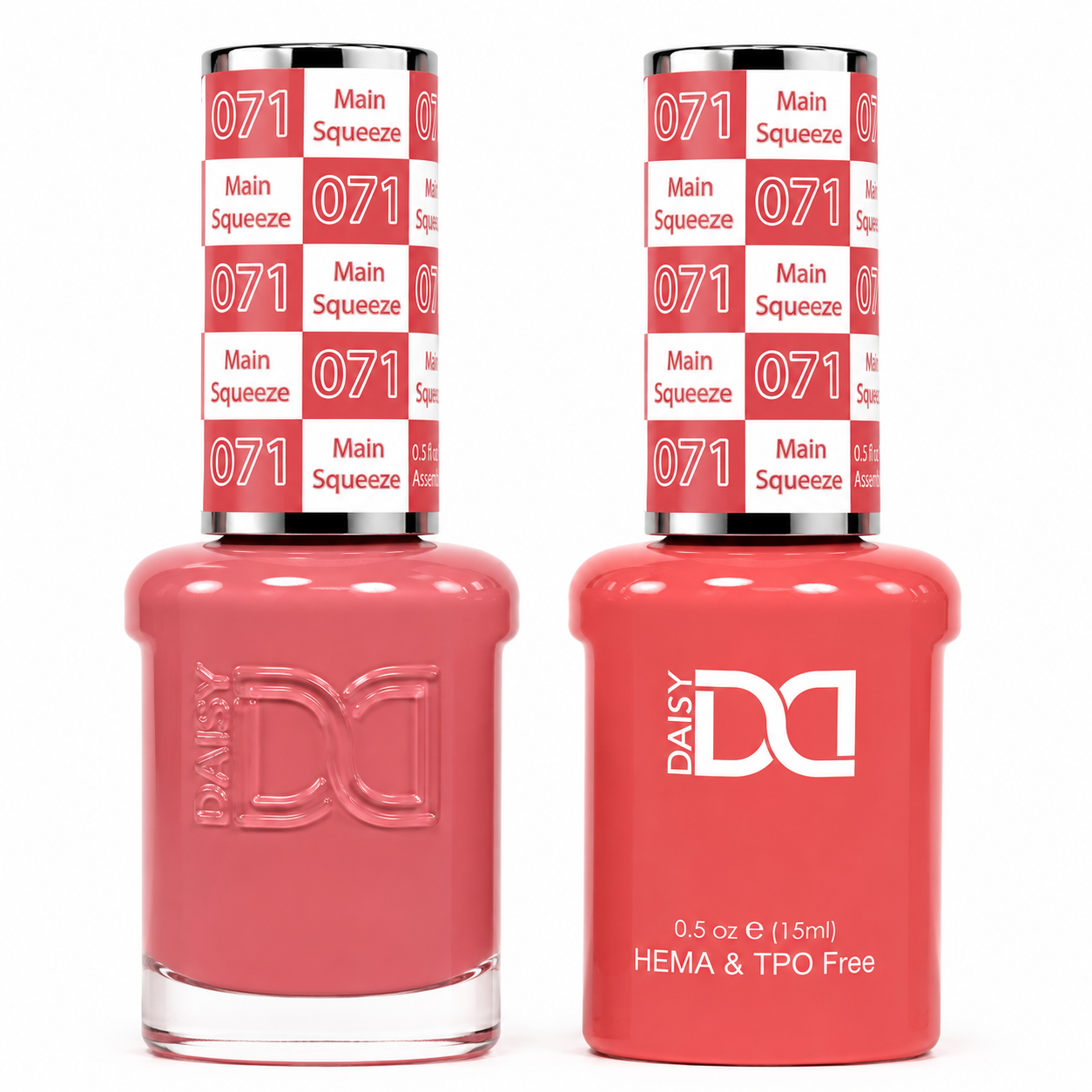 DND 071 Main Squeeze HEMA & TPO Free Gel Polish Duo featuring a vibrant coral pink shade with tropical undertones and matching gel polish and lacquer bottles.