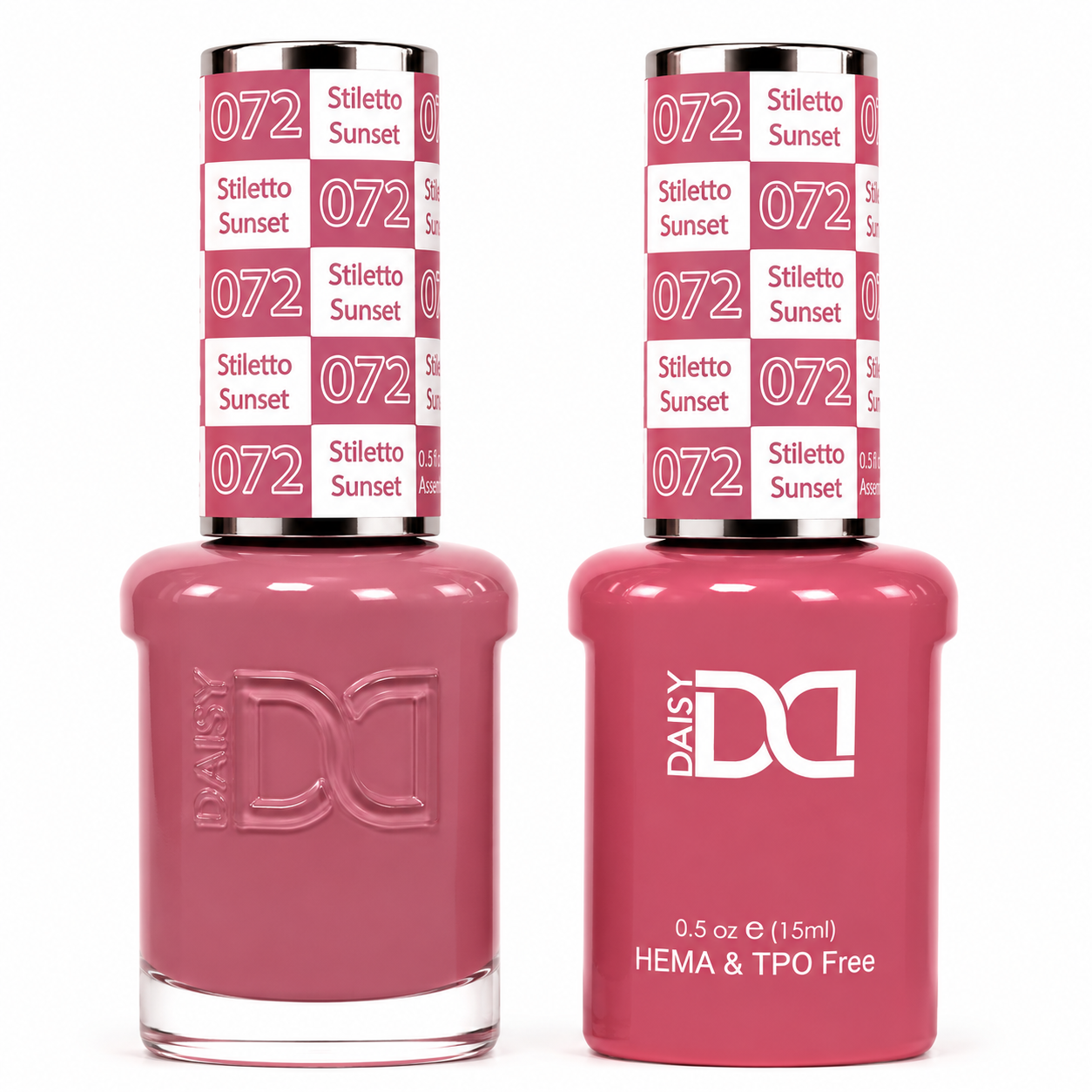 DND 072 Stiletto Sunset HEMA & TPO Free Gel Polish Duo muted mauve pink nail polish with matching gel and lacquer set.