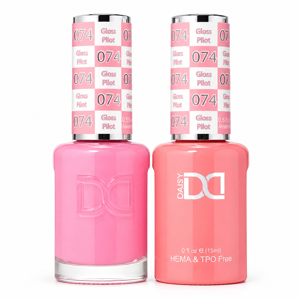 DND 074 Gloss Pilot Gel Polish Duo – bright bubblegum pink HEMA & TPO Free gel polish and matching nail lacquer set with creamy coverage and glossy finish, 15mL bottles.