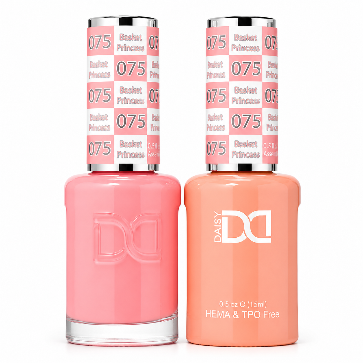 DND 075 Basket Princess HEMA & TPO Free Gel Polish Duo featuring matching peachy pink gel polish and nail lacquer with a creamy pastel finish.