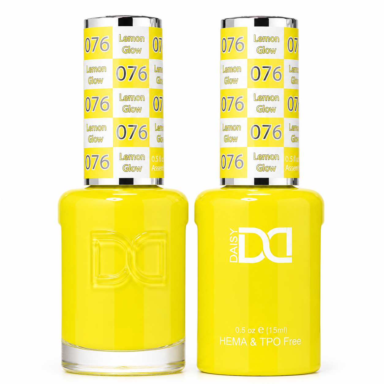 DND 076 Lemon Glow HEMA & TPO Free Gel Polish Duo vibrant sunshine yellow nail color with matching lacquer bottle.