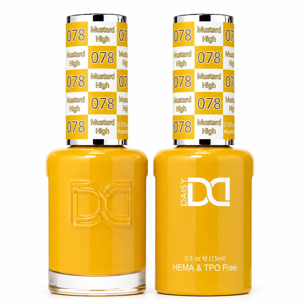 DND 078 Mustard High HEMA & TPO Free Gel Polish Duo rich mustard yellow nail color with matching lacquer bottle.