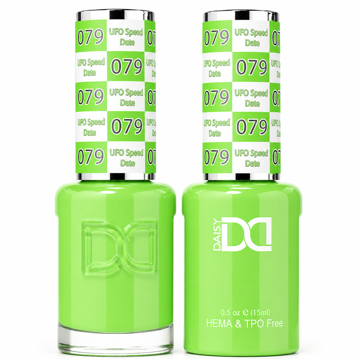DND 079 UFO Speed Date HEMA & TPO Free Gel Polish Duo vibrant neon lime green nail color with matching lacquer bottle.