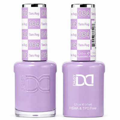 DND 084 Taro Fog HEMA & TPO Free Gel Polish Duo muted lavender nail color with soft gray undertones and matching lacquer bottle.