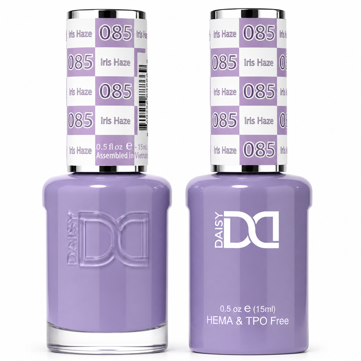 DND 085 Iris Haze HEMA & TPO Free Gel Polish Duo soft dusty lavender nail color with muted purple undertones and matching lacquer bottle.