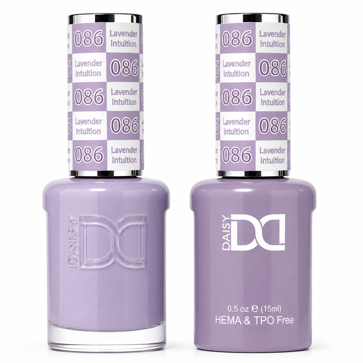DND 086 Lavender Intuition HEMA & TPO Free Gel Polish Duo soft lavender purple nail color with cool undertones and matching lacquer bottle.