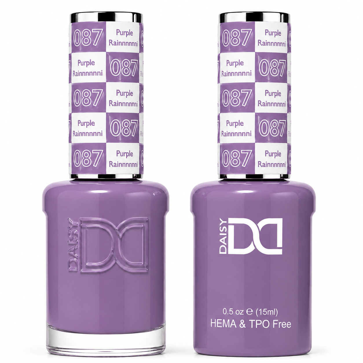 DND 087 Purple Rainnnnnn! HEMA & TPO Free Gel Polish Duo soft medium lavender-purple nail color with cool violet undertones and matching lacquer bottle.