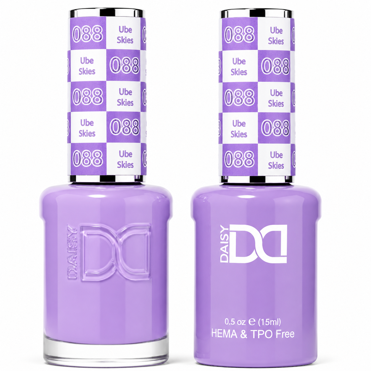 DND 088 Ube Skies HEMA & TPO Free Gel Polish Duo vibrant pastel purple nail color with soft lavender undertones and matching lacquer bottle.