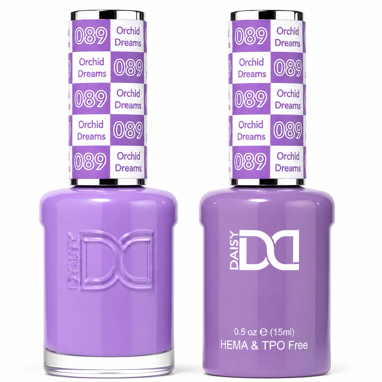 DND 089 Orchid Dreams HEMA & TPO Free Gel Polish Duo vibrant orchid purple nail color with floral undertones and matching lacquer bottle.
