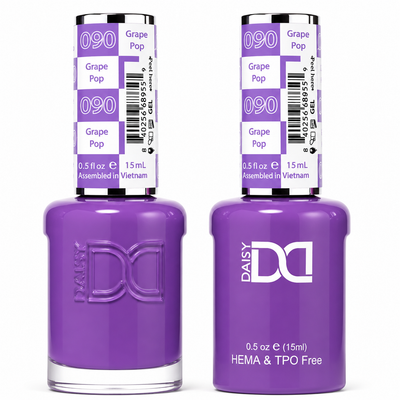 DND 090 Grape Pop HEMA & TPO Free Gel Polish Duo bold grape purple nail color with cool violet undertones and matching lacquer bottle.