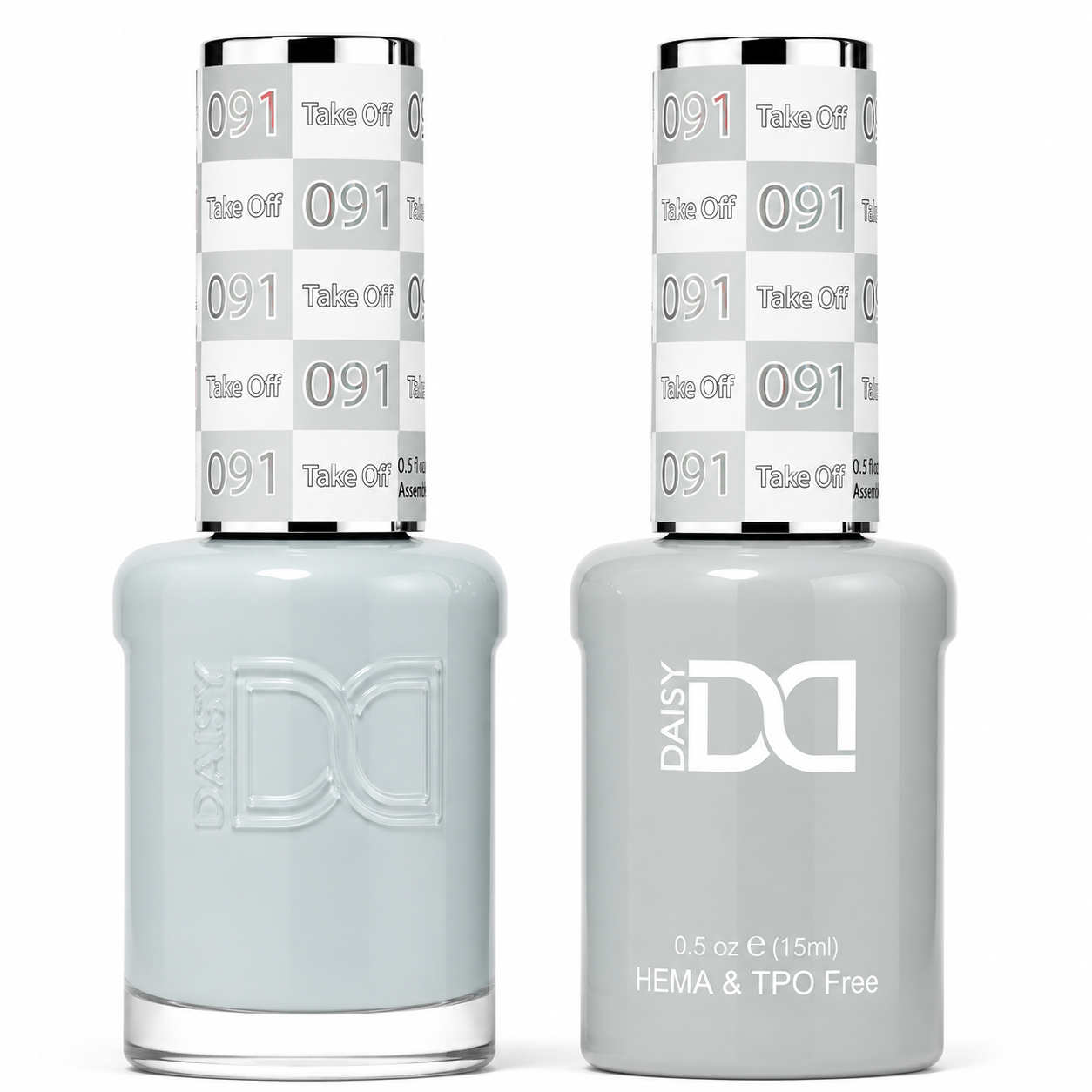 DND 091 Take Off HEMA & TPO Free Gel Polish Duo soft cool gray nail color with subtle blue undertones and matching lacquer bottle.