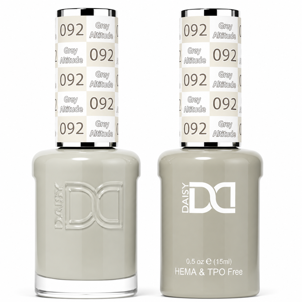 DND 092 Grey Altitude HEMA & TPO Free Gel Polish Duo soft greige nail color with gray and beige undertones and matching lacquer bottle.