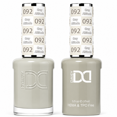 DND 092 Grey Altitude HEMA & TPO Free Gel Polish Duo soft greige nail color with gray and beige undertones and matching lacquer bottle.