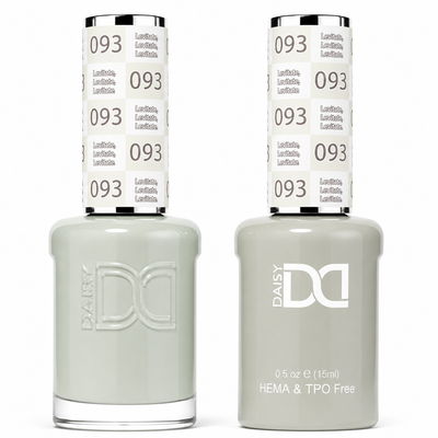 DND 093 Levitate, Levitate, Levitate HEMA & TPO Free Gel Polish Duo soft grey nail color with subtle sage undertones and matching lacquer bottle.