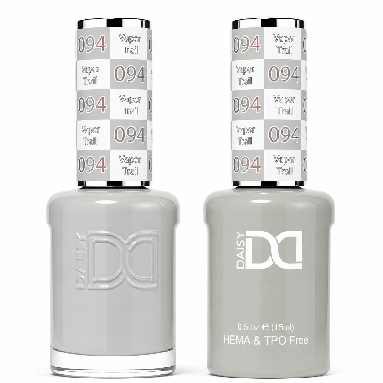 DND 094 Vapor Trail HEMA & TPO Free Gel Polish Duo soft smoky gray nail color with cool silver undertones and matching lacquer bottle.