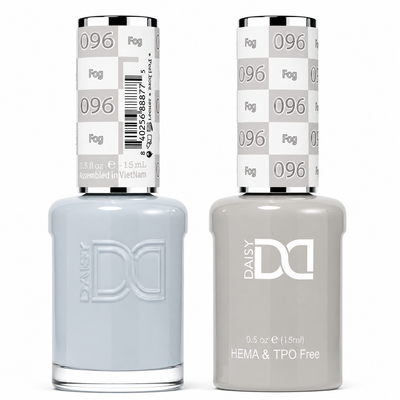 DND 096 Fog HEMA & TPO Free Gel Polish Duo soft fog gray nail color with cool undertones and matching lacquer bottle.