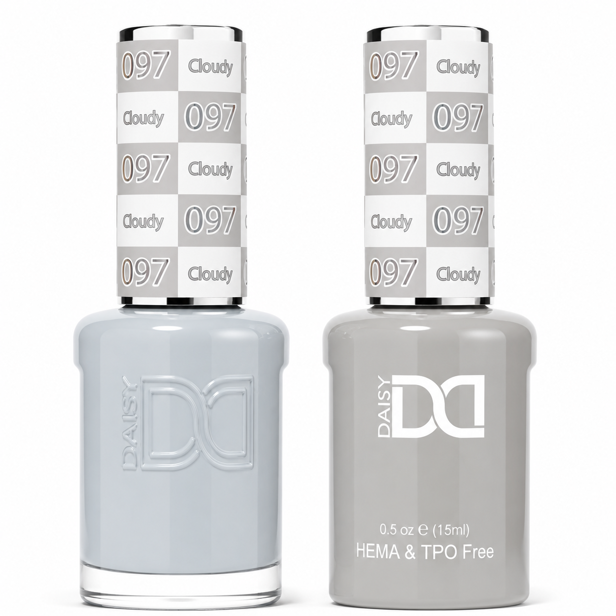 DND 097 Cloudy HEMA & TPO Free Gel Polish Duo light gray nail color with cool undertones and matching lacquer bottle.
